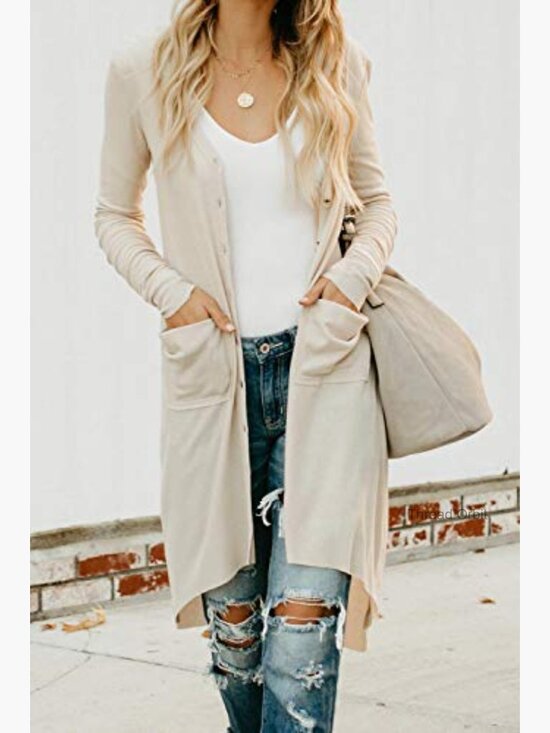 Long Sleeve V-Neck Open Front Cardigan with Pockets High Low Hem - Picture 2 of 7